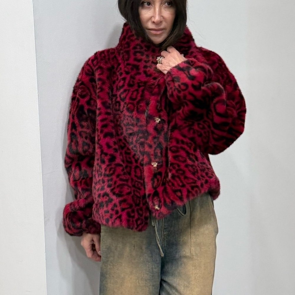 ShopEvelynne Red and Black Leopard Teddy Jacket
